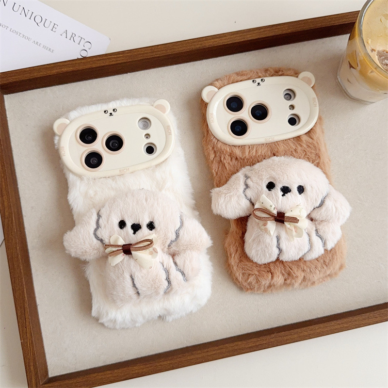 Phone Accessories Iphone - 3D Cartoon Bowknot Puppy Warm Fluffy