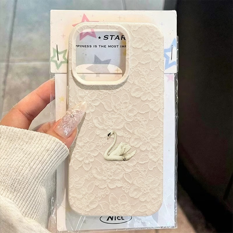 Phone Accessories Iphone - Lace Swan Pattern Lychee Texture Phone